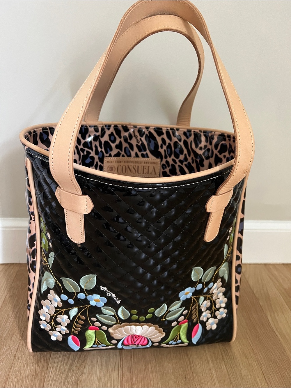 Consuela Black Quilted Tote with Blush Handles and Floral Embroidery